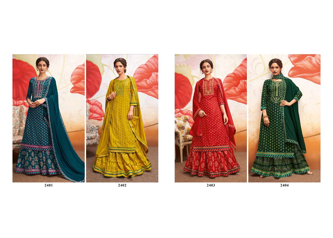 Rangoon Kessi Fabrics has launched Natraj Heavy Rayon with Print Work Top and Lehenga Collections